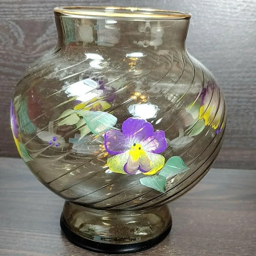 Hand Painted Floral Swirl Ribbed Gold Rim Brown Glass Vase Vintage Local Artist
